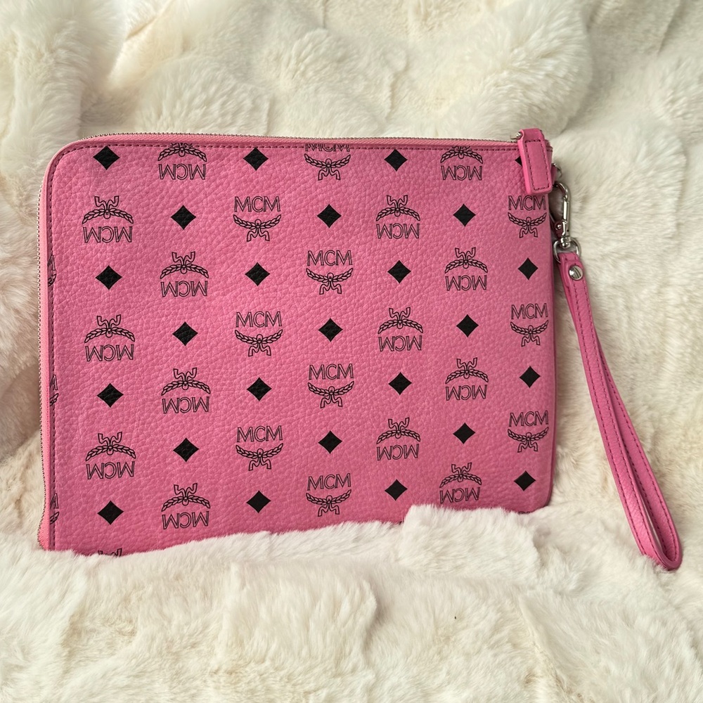 MCM Pink Logo Wristlet with L shaped zipper